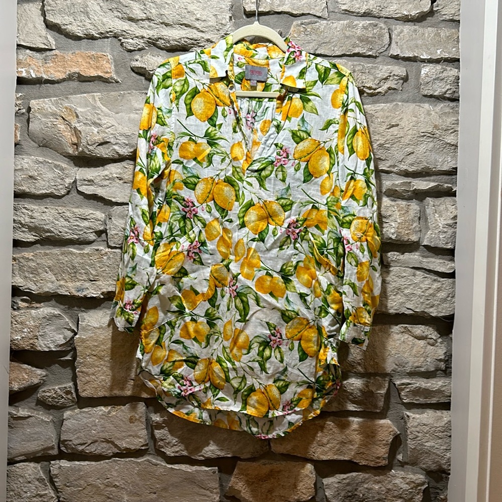 For Cynthia Beachwear Linen Tunic Top Coverup Lemons Small White Yellow